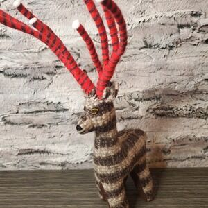 Grey Striped Antelope Wool Yarn Decor 13" Animal Figure RED Antlers Holiday Deer